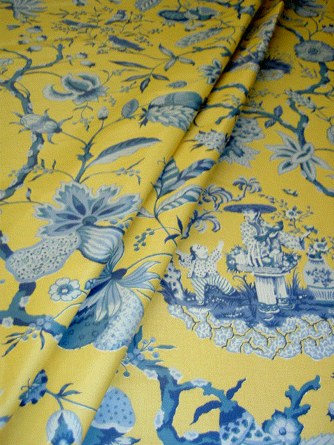 Draped John V Jacoby Asian Toile Design for Bassett McNabb TeaGarden Blue on Yelow Fabric Workroom Remnant - click to order