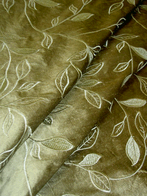 Upscale High End Aqua Embroidery on Sage Silk Drapery Workroom Fabric Remnant - click to order
