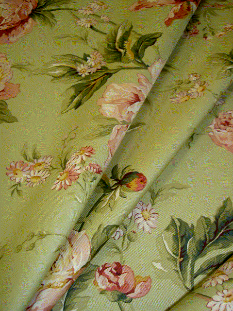 Animated Draped Waverly Pattern Forever Yours Pink Red Floral on Light Green Drapery Workroom Fabric Remnant - click to order