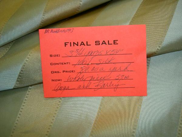 shop tag Aqua and Barley Stripe Silk Drapery Workroom Fabric Remnant