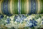 Big Kahuna Fabrics IndoorOutdoor Canvas Garden Scroll & Calista Stripe Color Delft Coordinates, printed spun polyester, green, blue. gold, white, upholstery and slipcover, indoor/outdoor, perfect for patio furniture or boat, discount designer fabric price $12.95 per yard, IN STOCK, limited quantities