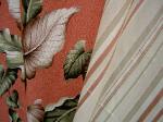 Big Kahuna Fabrics Multipurpose Cotton Interior Decorating Pattern Prince Ville Coral, tropical floral, and Bravo Fabrics Pattern Novara Color Carnation Home Decor Sheer Drapery Fabric Coordinates, Design Railroaded Stripes on Cream, for drapery, Discount Designer Fabric Prices