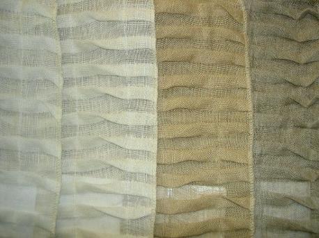 Colorways of Linen Origami Style Pleated Semisheer Drapery Fabric from India, (left to right) white, ivory, teastain, linen