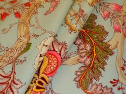 bright bold colorful floral botanical design, on aqua ground, multi-purpose decorating fabric, made in France