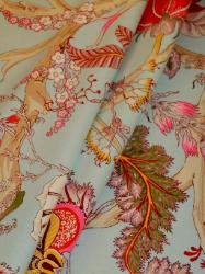 Covington Heirloom pattern Hl-Darjeeling color 3  bright bold colorful floral botanical design, on aqua ground, multi-purpose decorating fabric, made in France