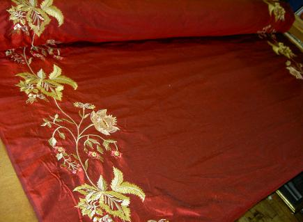 Discount Designer Silk Drapery Panel Home Decor Fabric with Embroidery Borders Color Ruby - click for store page