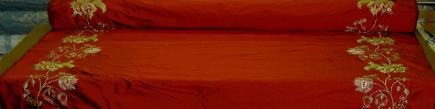 Discount Designer Silk Drapery Panel Home Decor Fabric with Embroidery Borders Color Ruby Table view - click for info