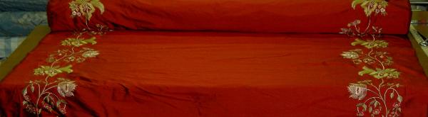 Discount Designer Silk Drapery Panel Home Decor Fabric with Embroidery Borders Color Ruby Table view - click for info