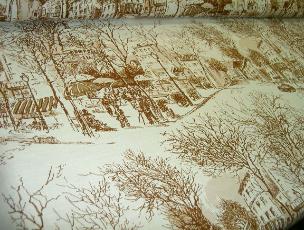 angle view Drapery Workroom Fabric Remnant Mulberry Parisian Scene Linen Cotton Blend Toile Fabric
