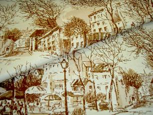 folded Drapery Workroom Fabric Remnant Mulberry Parisian Scene Linen Cotton Blend Toile Fabric