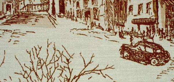 swatch Drapery Workroom Fabric Remnant Mulberry Parisian Scene Linen Cotton Blend Toile Fabric