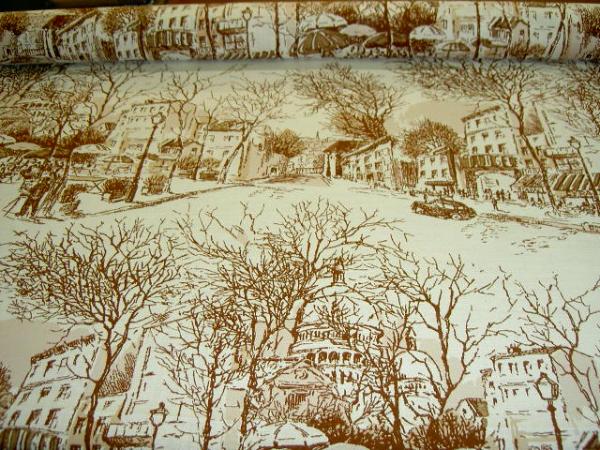 table view Drapery Workroom Fabric Remnant Mulberry Parisian Scene Linen Cotton Blend Toile Fabric