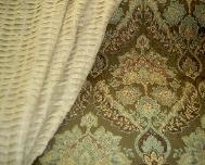 Erie Islands Designer EarthLoom Coordinates Collection, Devianna Damask Color Fig Beautiful Durable Plush Finish Upholstery Fabric and Linen Origami Style Pleated Semisheer Drapery Fabric Color Teastain from India, from our interior decorating designers for window and furniture coordination