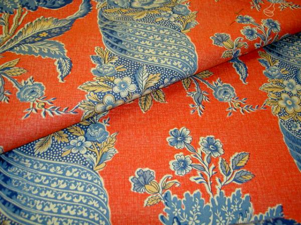 closeup folded Gaston Y Daniela SA Design Linen color Blue on Red Drapery Workroom Fabric Remnant