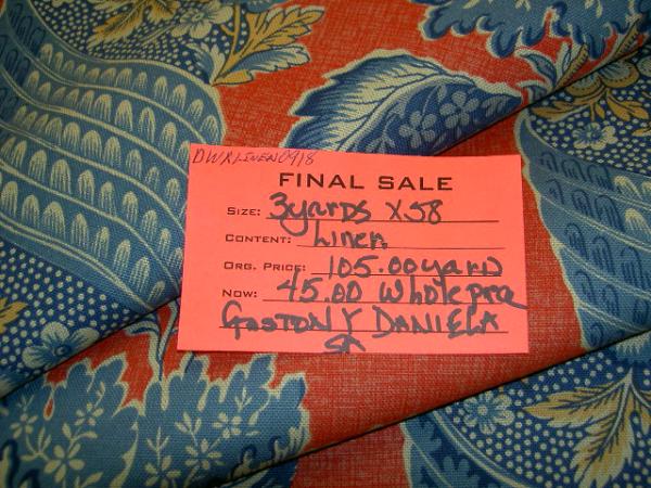 tag Gaston Y Daniela SA Design Linen color Blue on Red Drapery Workroom Fabric Remnant