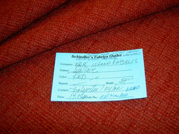 Shop Tag of Home Decorating Fabric Store Special Wallace Red Tweed with Chenille by the yard