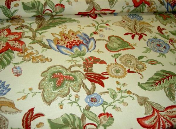 Angle view of Jay Yang Design Floral on White Fabric Upscale Drapery Workroom Remnant by the yard