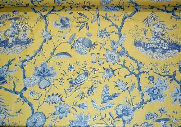 John V Jacoby Asian Toile Design for Bassett McNabb TeaGarden Blue on Yelow Fabric Workroom Remnant