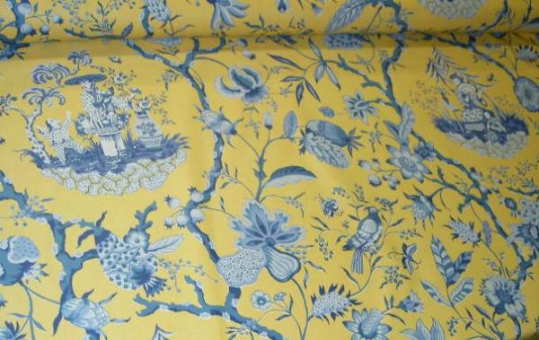 angle view John V Jacoby Asian Toile Design for Bassett McNabb TeaGarden Blue on Yelow Fabric Workroom Remnant