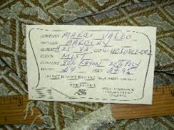 Schindler's Fabrics Shop Tag with info for Marcovaldo Barclay Mist