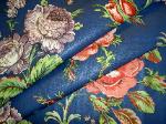 On Sale High End Premium Closeout Bailey & Griffin Fabric Rose Aurkula Blue By the Yard, Polished Cotton, printed in U.K. for CMC Designs, bright English chintz floral with brilliant vibrant reds greens purple on royalblue