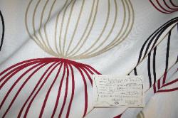 Schindlers Fabrics and Upholstery Shop Tag for this discount designer multipurpose fabric, Prestigious Textiles Pattern Orbital Color Ruby Interior Decorating Fabric