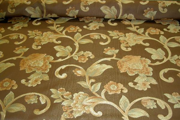 on table Upscale Floral Vine Design on Chocolate Brown Upholstery Weight Drapery Workroom Remnant