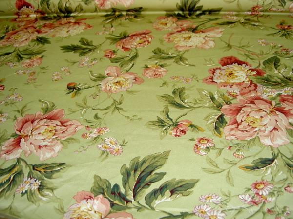 Angle view Waverly Pattern Forever Yours Pink Red Floral on Light Green Drapery Workroom Fabric Remnant
