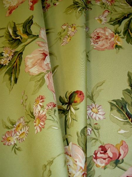 Draped image of Waverly Pattern Forever Yours Pink Red Floral on Light Green Drapery Workroom Fabric Remnant