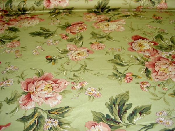 Table view of Waverly Pattern Forever Yours Pink Red Floral on Light Green Drapery Workroom Fabric Remnant